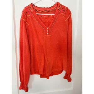 Free People Orange Crochet Lace Boho Embroidered Long Sleeve Top Blouse M